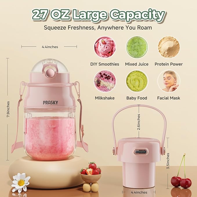 Portable Blender, Prasky Personal Blenders for Shakes and Smoothies with 27oz Cup, Lid and Shoulder Strap, Type-C USB Rechargeable, Personal Size Blenders BPA-free for Travel/Kitchen (Light Pink) | Personal Size Blenders for Shakes and Smoothies with 2...