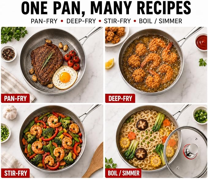 Titanium Hammered Pan with Lid, Thickened Multi-Layer Stock Pot, Titanium Wok Pan, Scratch-Resistant Non Stick Titanium Frying Pans, Even Heating for Cooking,11.02in