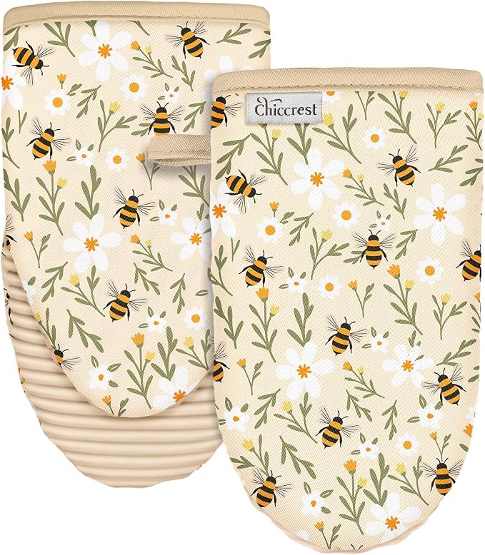 100% Thick Cotton Oven Mitts Ribbed Soft Silicone Bee Flower | Aesthetic Oven Mitts for Women, Machine Washable Non-Slip Kitchen Mitts, Reversible for Both Hands, Stylish Kitchen Decor