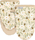100% Thick Cotton Oven Mitts Ribbed Soft Silicone Bee Flower | Aesthetic Oven Mitts for Women, Machine Washable Non-Slip Kitchen Mitts, Reversible for Both Hands, Stylish Kitchen Decor