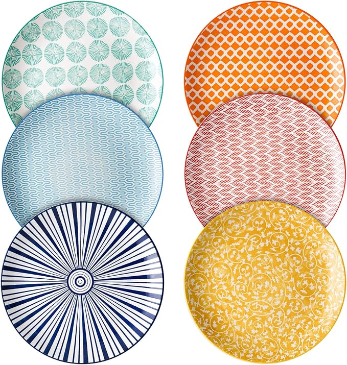 Selamica 10 inch Porcelain Dinner Plates, Large Size Serving Plate for Salad, Pancakes, Steak, Set of 6, Assorted Colors