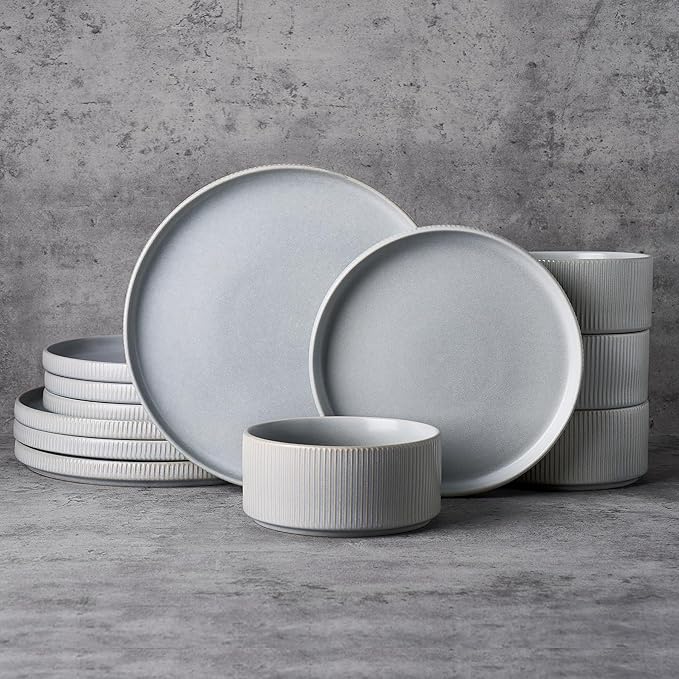 Famiware Star Stoneware Dinnerware Set, Reactive Glaze Plates & Bowls for 4 | 12-Piece Handmade Ribbed Dishes, Chip & Scratch Resistant Ceramic. Microwave & Dishwasher Safe, Rustic Modern, Matte Gray