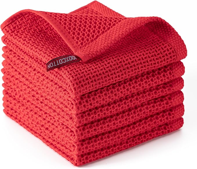 BOOMIBOO Kitchen Towels 6-Pack Kitchen Dish Cloths,100% Cotton,12x12 in,Red | Towels Waffle Weave,Ultra Soft Absorbent, Quick Drying