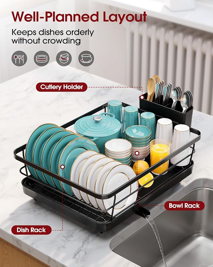Sakugi Dish Drying Rack - Stainless Steel Dish Rack with Drainboard for Kitchen Counter and Sink, 15.6" D x 12" W x 5" H, Black