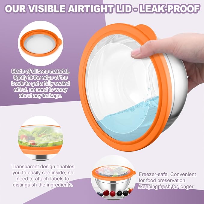 TeamFar Mixing Bowls Set, 4.5/3/1.5/1/0.7 QT Salad Bowl with Lids, Colorful | Stainless Steel Nesting Bowls with Visible Airtight Lids, For Serving/ Mixing/ Storing, Non-Toxic & Dishwasher Safe, Set of 5