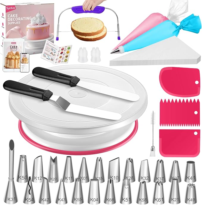 Syntus 65 PCs Cake Decorating Kit with Cake Stand, Cake Baking Supplies | 31 Piping Bags, 24 Piping Tips, Offset & Straight Spatulas, 3 Scrapers, Leveler, 2 Couplers & 1 Tips Brush