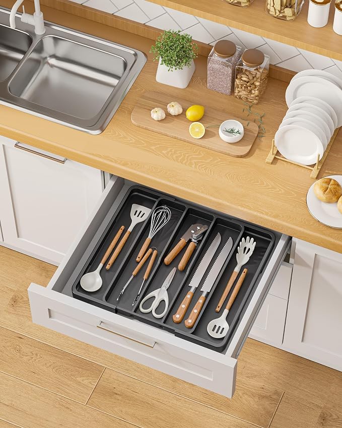 Aujen Silverware Drawer Organizer, Adjustable Utensil Cutlery Tray | Expandable Kitchen Organizer for Forks Knives, Multipurpose Kitchen Storage, Apartment Essentials, Black, X-Large