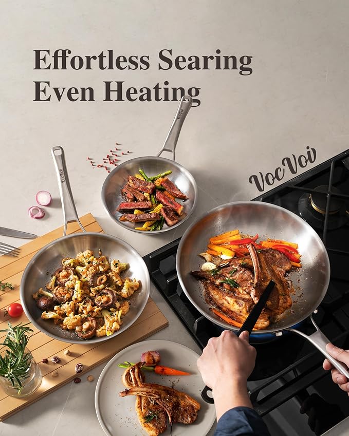 VocVoi Stainless Steel Pan, 12 Inch with Lid Stainless Steel Frying Pan, Non Toxic Tri-Ply Skillet, PFOA&PTFE Free, Oven and Dishwasher Safe, Induction Compatible
