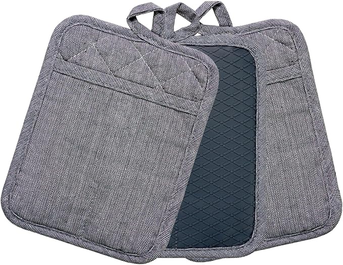 Pot Holders Yarn-Dyed Set of 3 Non Slip Silicone Kitchen Lines | Heat Resistant 500℉ Kitchen Gloves BBQ Cooking Baking Women Men Cooking Barbecue Microwave Machine Washable (Gray Potholders)