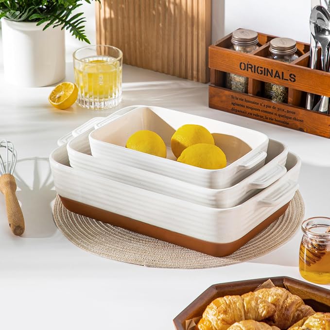 MALACASA Casserole Dishes for Oven, Ceramic Baking Dishes Set of 3, Baking Pan Casserole Dish Set, Rectangular Lasagna Pan Deep with Handles for Baking, Khaki White (14.5''/13''/10.5''), Series TARA