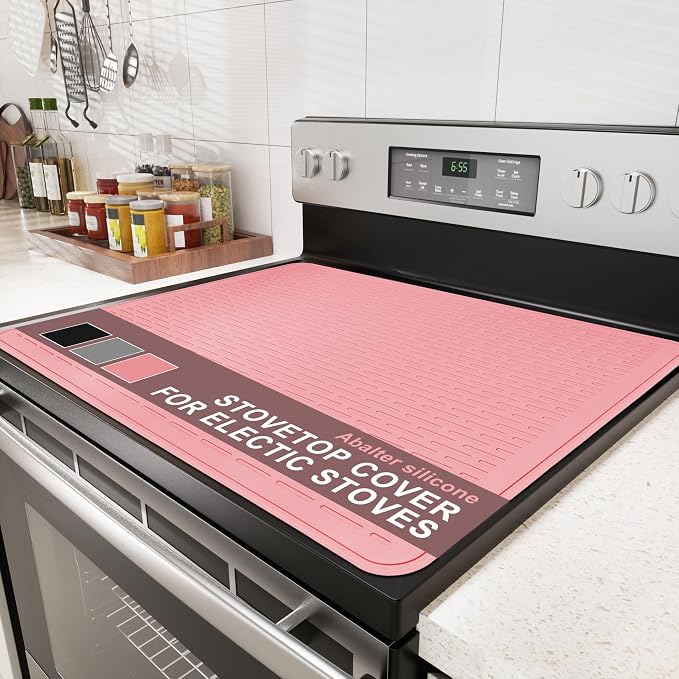Stove Top Cover for Electric Stove - Food Grade Ceramic Stove top Cover, Silicone XXL Dish Drying Mat, Glass Cooktop Covers, Flat RV Range top Mats (Pink,30x21)