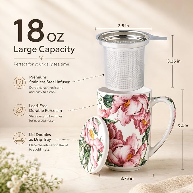 AmorArc Tea Cup With Infuser and Lid, 18oz Loose Leaf Tea Mug With Steeper | Porcelain Tea Mug With Infuser and Lid, Large Strainer Tea Cup with Lid for Tea, Coffee Mug for House-warming Birthday Gift
