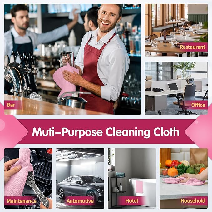 Pink Microfiber Cleaning Cloth -Pack of 12, Highly Absorbent Cleaning Rags, 16"X12" All Purpose Cleaning Towels for Housekeeping, Kitchen, Car, Lint Free and Reusable Microfiber Towels