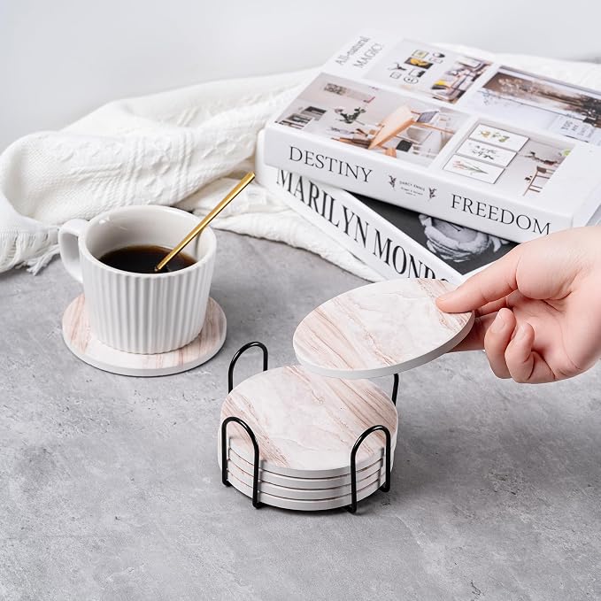 6Pcs Absorbent Coasters Set with Holder,Ceramic Drink Coaster,4 in（A3） | Marble Style Ceramic Drink Coaster,Suitable for Kinds of Cups,Modern Style Coaster for Coffee Table