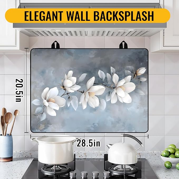 NYZE Stove Top Cover for Electric/Glass Stove, 28x20 Inch Stovetop Cover Flat Top Protector Dish Drying Mat for Kitchen (White Magnolia)