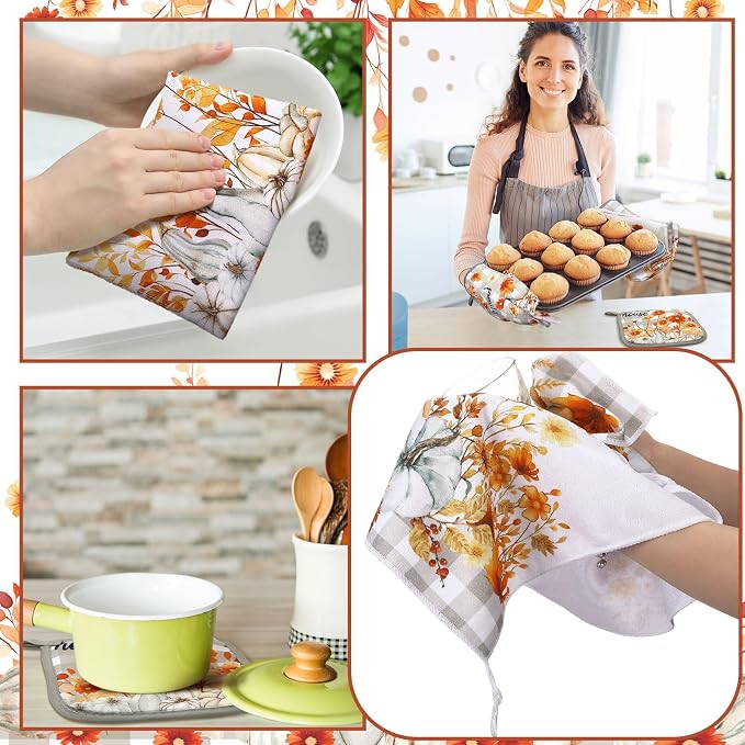 Leinuosen 6 Pack Fall Thanksgiving Kitchen Set with 2 Flower Dish Towels, 2 Pumpkin Pot Holders and 2 Buffalo Plaid Oven Mitts for Gifting, Baking, and Cooking Accessories