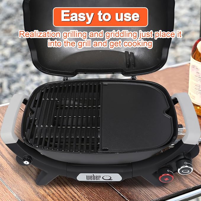 QuliMetal Cast Iron Griddle for Weber Q2000N, Q2200N, Q2600N+ & Q2800N+ | Half griddle design allows simultaneous griddle and grate cooking, ideal for breakfast, seafood, bacon and vegetables.