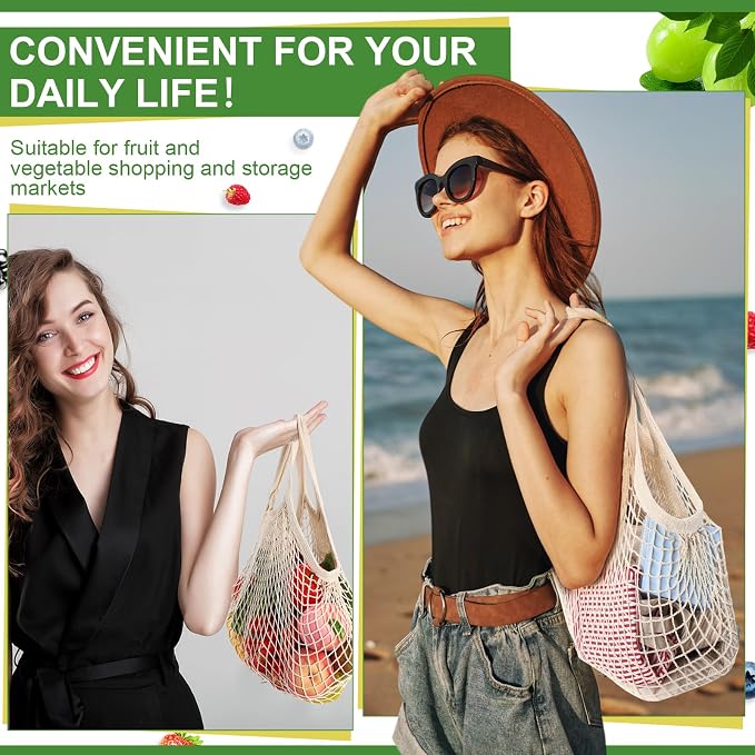 Paterr 50 Pack Cotton Mesh Produce Bags Bulk,Short Handle,Beige | Reusable Mesh Grocery Bags Bulk, Washable Net Market Tote String Shopping Bags, for Vegetable Fruit Beach Picnic Food Storage