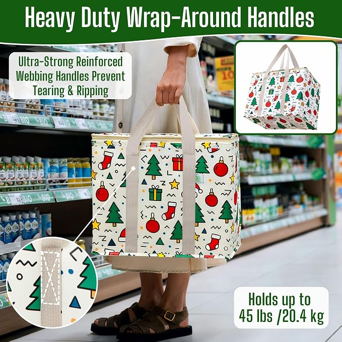 VENO 2 Pack Insulated Cooler Bag for Food Delivery, Reusable Grocery Bag | Heavy Duty Large Collapsible Cooler Shopping Tote w/ Zippers, Foldable, Stands Upright for Camping Picnic(Jingle Mix, 2 Pack)