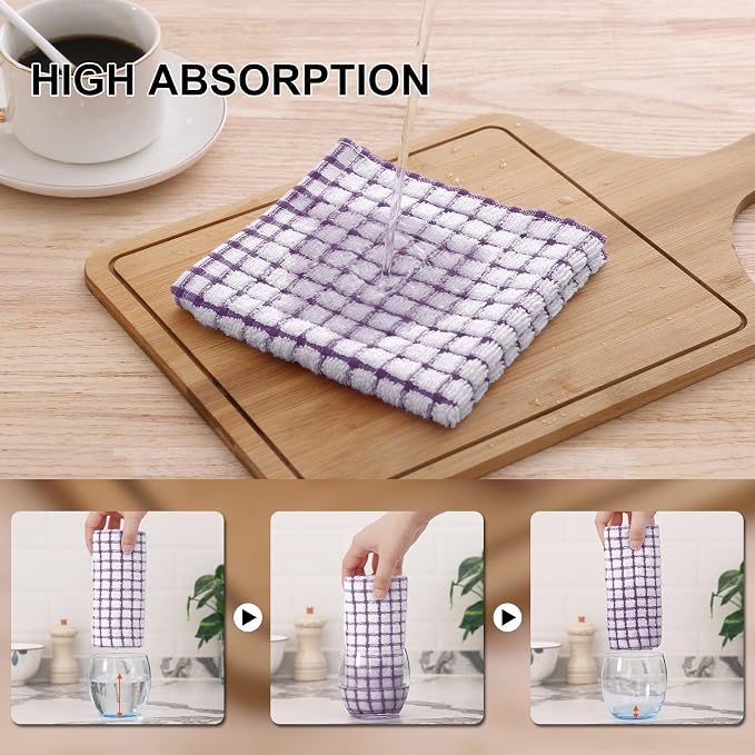 Kitinjoy Cotton 12 Pack Kitchen Towels and Dishcloths Sets, Purple | 16 x 25 Inch & 12 X 12 Inch Dish Towels Bulk, Super Soft and Absorbent hand towels for kitchen Drying