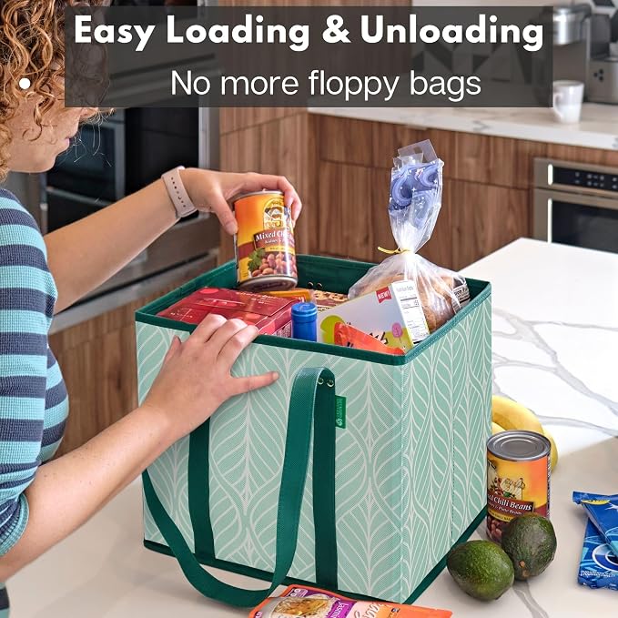 Reusable Grocery Bags (3 Pack) – Heavy Duty Reusable Shopping Bags for Groceries with Box Shape to Stand Up, Stay Open, Fold Flat – Large Tote-Bag is Foldable with Long Handles & Hard Bottom (Green)