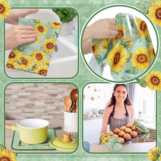 Fourluoo 10 Pcs Sunflower Kitchen Decor Set Dish Towels Kitchen Rugs Oven Mitts and Pot Holders Green Decor Set for Cooking Baking Grilling Women Mom Gift