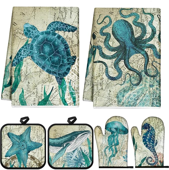 Mindsoft 6 Pcs Ocean Beach Kitchen Towel Oven Mitt Pot Holder Set | Heat Resistant Mitts, Sea Turtle Octopus Starfish Design, Coastal Beach Decor, Absorbent Towels for Cooking, Gift Set