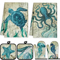 Mindsoft 6 Pcs Ocean Beach Kitchen Towel Oven Mitt Pot Holder Set | Heat Resistant Mitts, Sea Turtle Octopus Starfish Design, Coastal Beach Decor, Absorbent Towels for Cooking, Gift Set