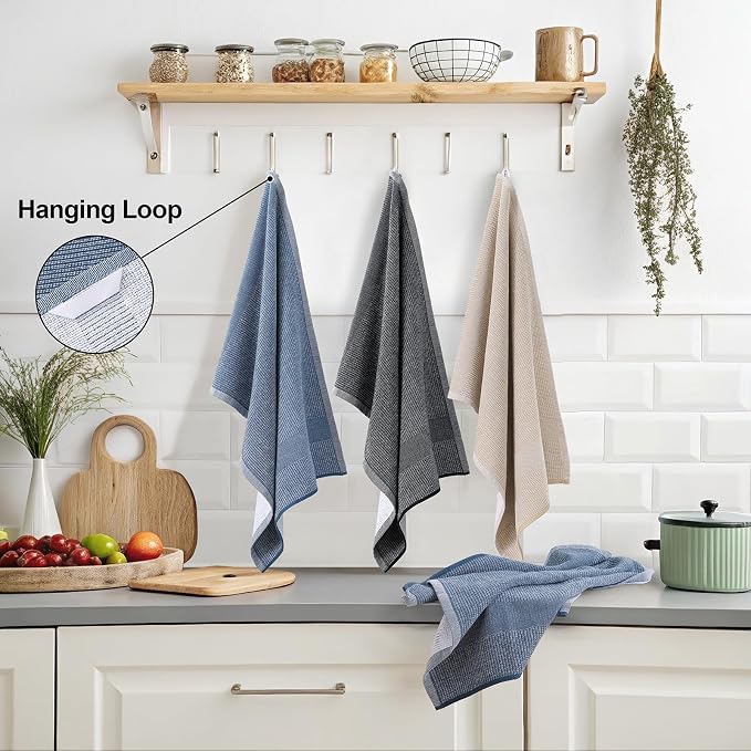 Mordimy Cotton Kitchen Towels (18"x 28", 3 Pack), Navy Blue/Grey/Black | 100% Ring Spun Cotton, Super Absorbent, 380 GSM, Flat & Terry, Soft, Hanging Loop Dish Towels