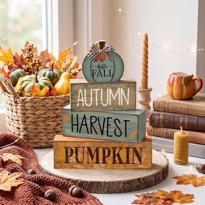 Lineshading 4 Pcs Fall Wood Block Signs Pumpkin Harvest Tiered Tray Decor | Stackable Rustic Blocks with Pumpkin Topper, Autumn Harvest Prints, Farmhouse Tabletop Centerpiece for Seasonal Decor