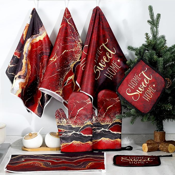 Leinuosen Burgundy and Gold Marble 8 Pcs Kitchen Towels and Dishcloths Sets Oven Mitts and Pot Holders Absorbent Kitchen Gloves Potholders Heat Resistant for Chef Baking Cooking