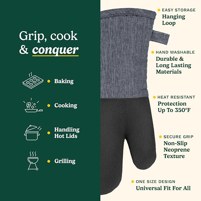 Cuisinart Chambray Kitchen Oven Mitts, Heat-Resistant, 2-Pack, 7"x13" | Non-slip neoprene palm grips up to 350°F, long cuff shields forearms, hang loop for storage, handles cast iron and grilling