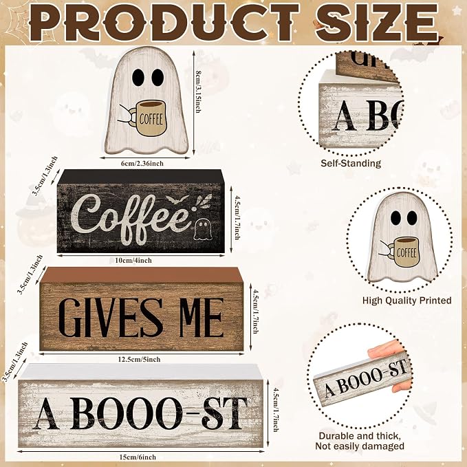 Lineshading 4 Pcs Halloween Tiered Tray Decor, Wooden Ghost Coffee Blocks | Rustic Farmhouse Table Decorations, Stackable Wood Blocks with Boo-st Coffee Theme, Gift for Home Kitchen Seasonal Display