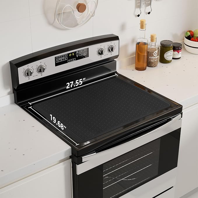 Stove Top Cover for Electric Stove - Food Grade Ceramic Stove top Cover, Silicone XXL Dish Drying Mat, Glass Cooktop Covers, Flat RV Range top Mats (Black Thickened,28x20)