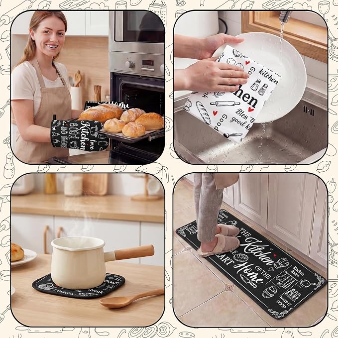 10 Pcs Kitchen Decor and Accessories Set, Modern Art | Farmhouse Chalkboard 4 Dish Towels Kitchen Rugs 2 Oven Mitts 2 Pot Holders, Home Decor for Cooking Baking BBQ Housewarming