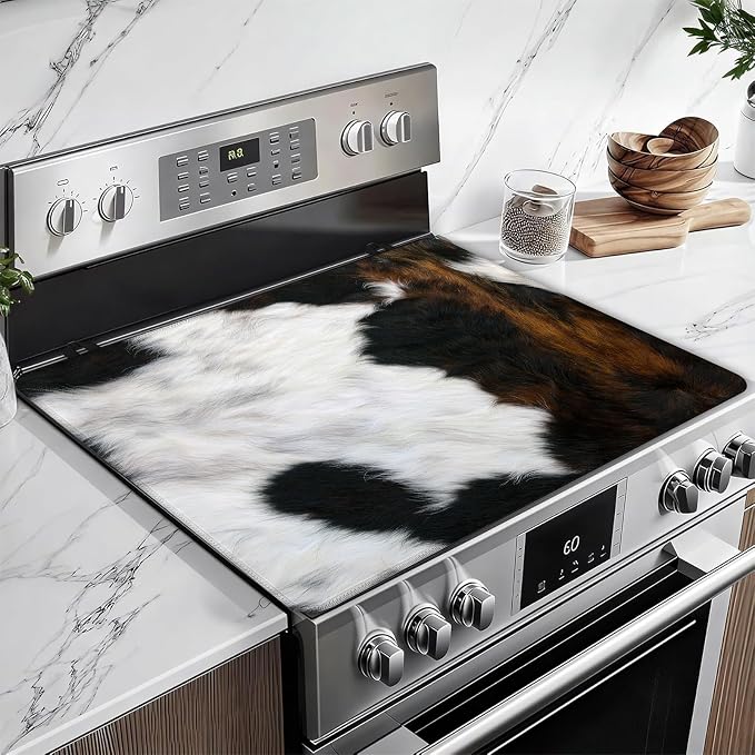 Brown Cowhide Stove Top Covers for Electric Stove, Cow Skin Electric Gas Stove Pad Heat Resistant Range Cooktop Protector for Home Decor Kitchen 28"x20"
