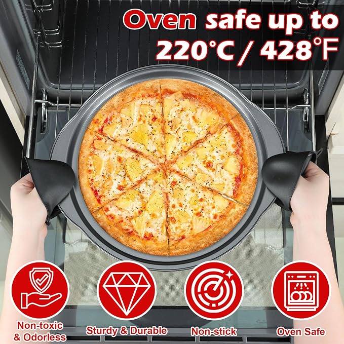 13" Round Pizza Pan for Oven, 2 Pack | Non-stick Carbon Steel, With Holes, Handle, Easy to Clean, Oven Safe