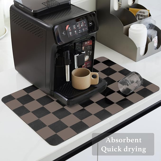 Ohocut Checkered Dish Drying Mat for Kitchen Counter, Coffee Bar Station Accessories, Retro Cute Aesthetic Modern Absorbent Drainer Mat Kitchen Drying Mat Easy Clean Brown, 24" x 16"
