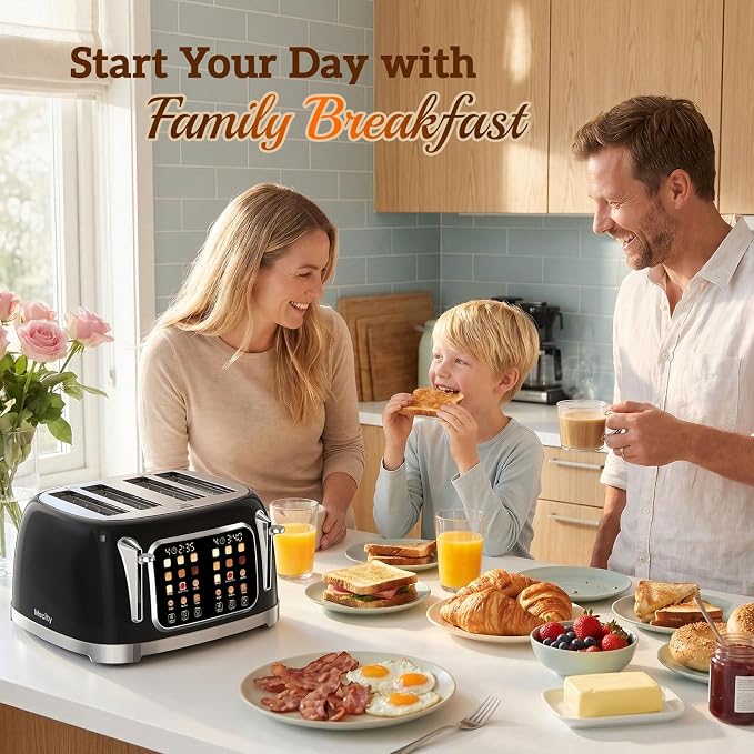 RONGBEST Retro Toaster 4 Slice with Stainless Steel Wide Slot Touch Screen for Family Breakfast, 6 Browning Levels for Bagel & Bread, Reheat & Defrost, Removable Crumb Tray, Jet Black