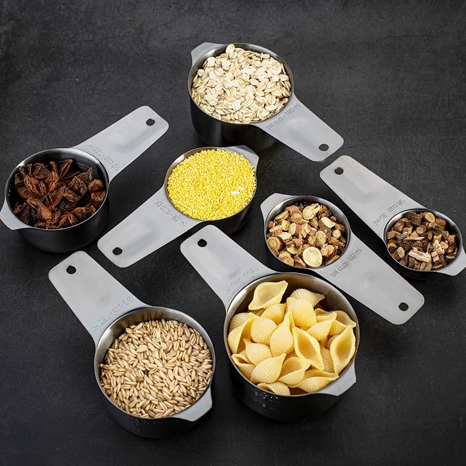 7-Piece 18/8 Stainless Steel Measuring Cups Set, Dark Gray | Includes 1/16, 1/4, 1/3, 1/2, 2/3, 3/4 and 1 Cup, Engraved US and Metric Markings, Pour Spouts and Ring Connector