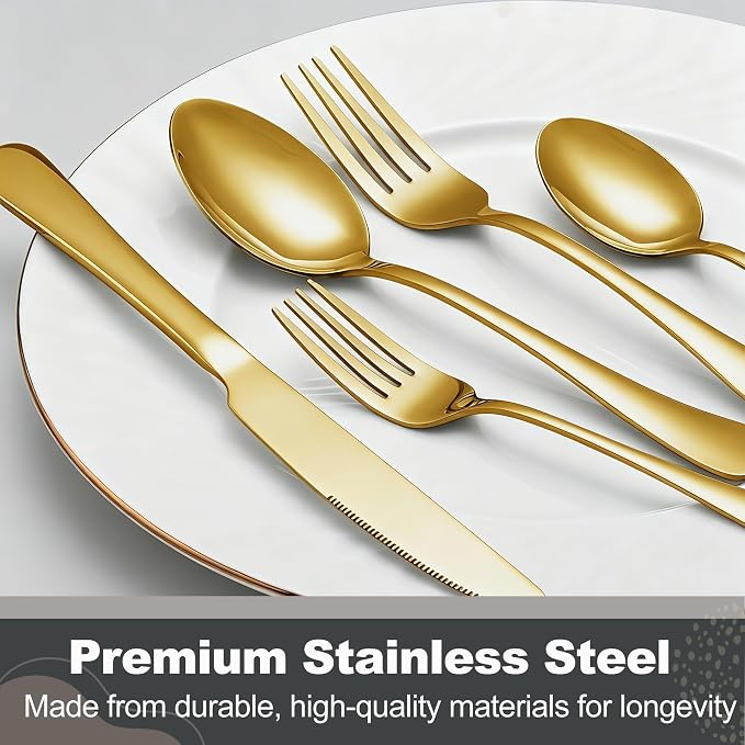 Runfly 40-Piece Gold Flatware Set, Stainless Steel Cutlery Set for 8 | Mirror Polished Durable Utensil Set Includes Knife Fork Spoon for Home Kitchen Restaurant Tableware