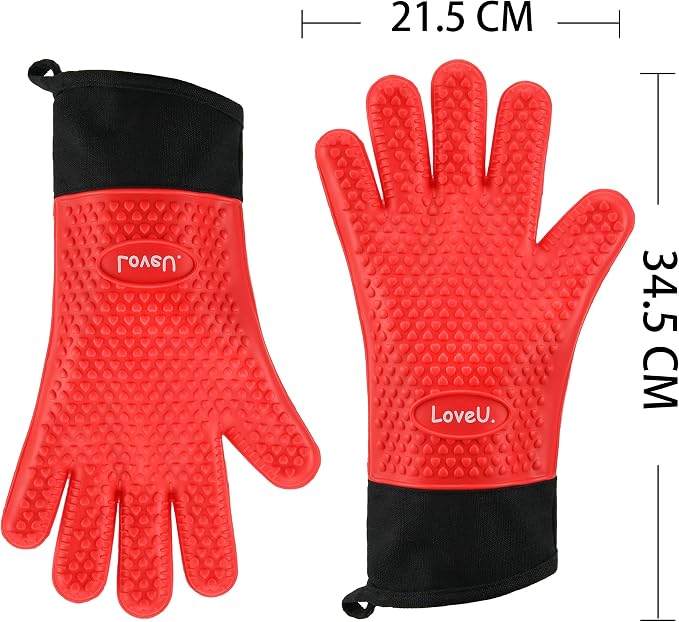 Silicone Oven Mitts Gloves - Heat Resistant, Non-Slip for BBQ, Grilling | 450°F Double-Layer｜Waterproof Kitchen Cooking Barbecue Mittens ｜5 Finger Hot Mitt for Baking, Smoker& Cast Iron(One Size)