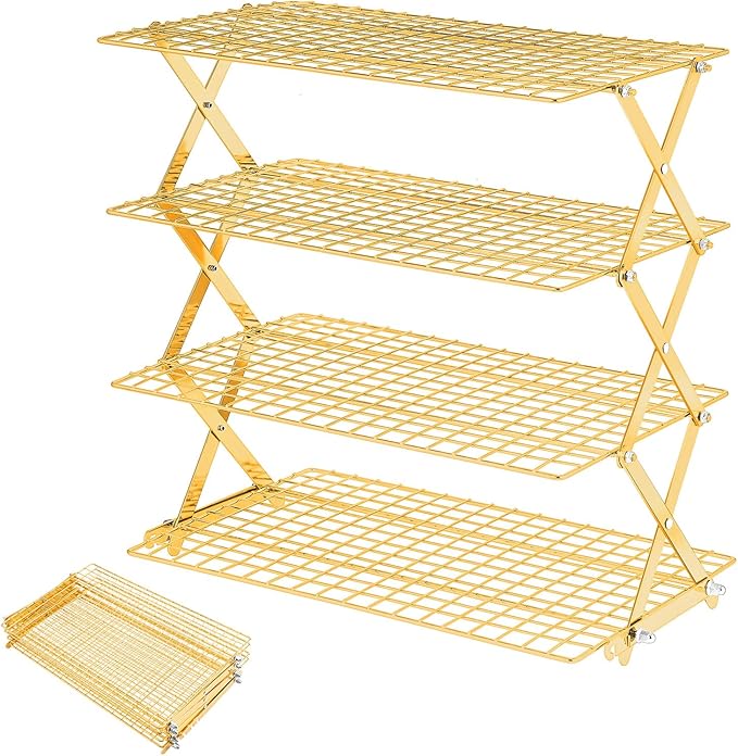 Pleafind 4 Tier Gold Collapsible Cooling Rack - 3 Setting Design, Adjustable ＆ Stackable Baking Rack, 5 Modes Cooling Racks for Cooking and Baking, Roasting ＆ Grilling Gifts for Picnic Party