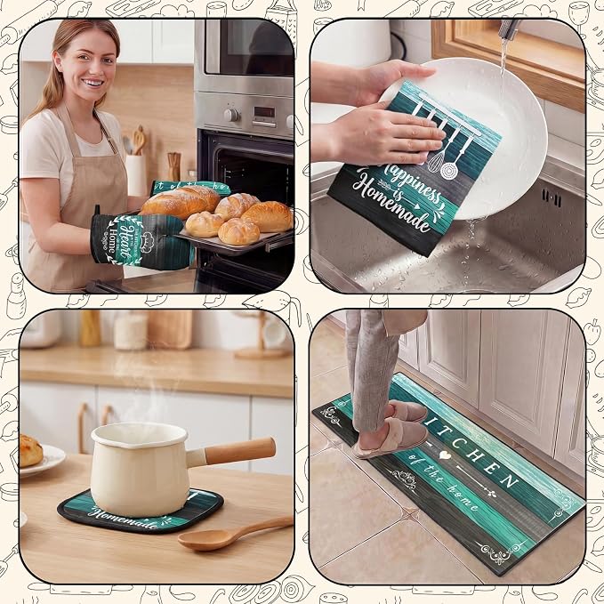 10 Pcs Kitchen Decor and Accessories Set, Teal Turquoise | 4 Dish Towels Kitchen Rugs 2 Oven Mitts 2 Pot Holders, Home Decor for Cooking Baking BBQ Gifts Women Mom Housewarming