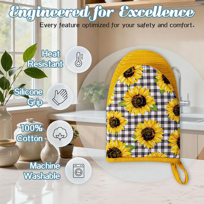 Ribbed Mini Oven Mitts 2-Pack Set, 5.5"x8.5", Sunflower Printed, Heavy Duty Cotton, Non-Slip Heat Resistant Soft Silicone Oven Mitts with Hanging Loop for Cooking Kitchen Decor
