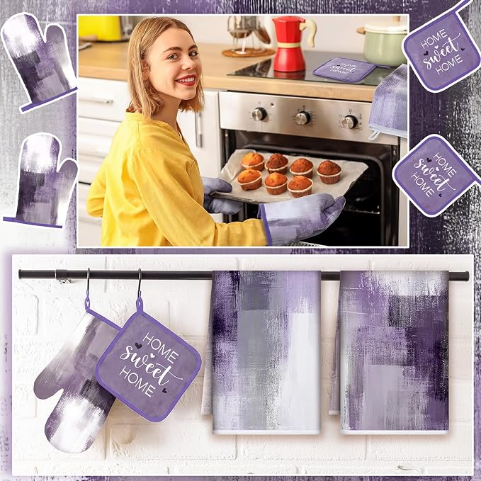Bencailor 6 Pcs Lavender Purple Kitchen Accessories Purple Kitchen Towels Pot Holders and Oven Mitts Farmhouse Cooking Mittens Oven Glove and Potholder for Baking Cooking Grilling Supply Accessories
