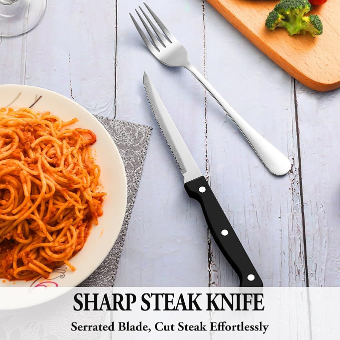 24 Pcs Silverware Set with Steak Knives for 4, Stainless Steel Flatware Set, Mirror Polished Cutlery Utensil Sets, Home Kitchen Eating Tableware, Dishwasher Safe