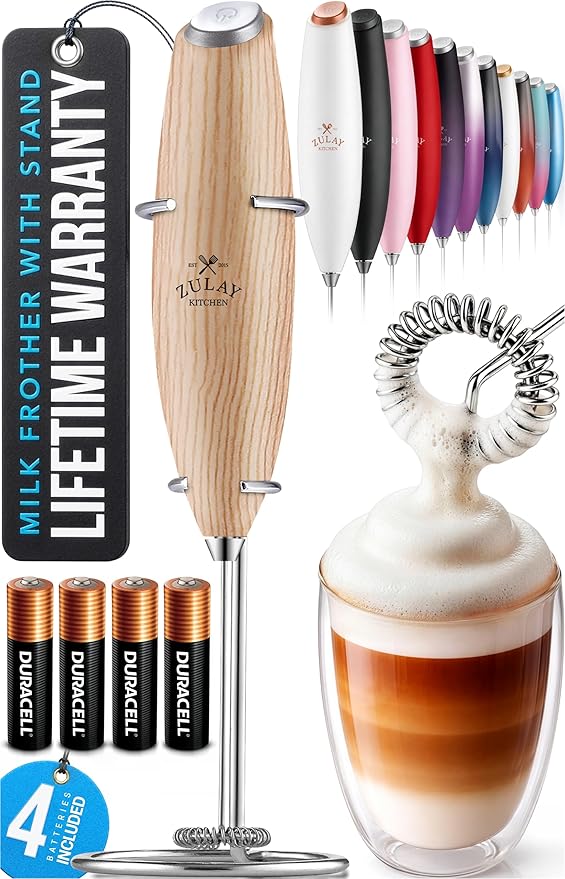 Zulay Kitchen Powerful Milk Frother Wand With Duracell Batteries - Ultra Fast Handheld Drink Mixer - Electric Whisk Foam Maker for Coffee, Lattes, Cappuccino & Matcha - Z1 Motor - Maple