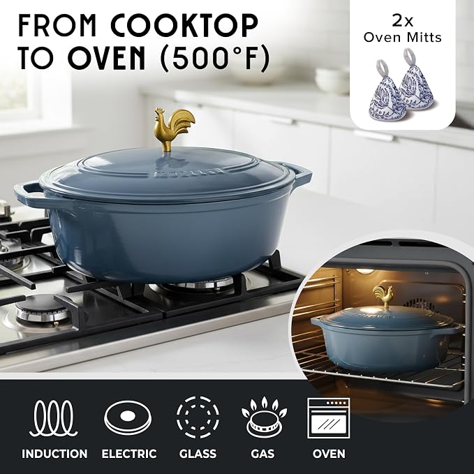 MUELLER HOME 5.5 Quart Enameled Cast Iron Oval Dutch Oven w Rooster Knob & Cotton Potholders, Heavy-Duty Cookware, Oven-Safe up to 500° F & Across All Cooktops, Gifts for Grandma & Women, Mineral Blue | w Rooster Knob & Cotton Potholders, Heavy-Duty Co...