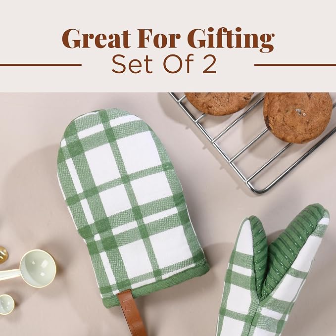 Folkulture Oven Mitts, Green Checkered, Set of 2,Heat Resistant -(5.75"x9") | 100% Cotton, Non Slip, Silicone, Cute Mini Mits with Hanging Loop, Kitchen Décor, Cooking Gifts, New Home Essentials